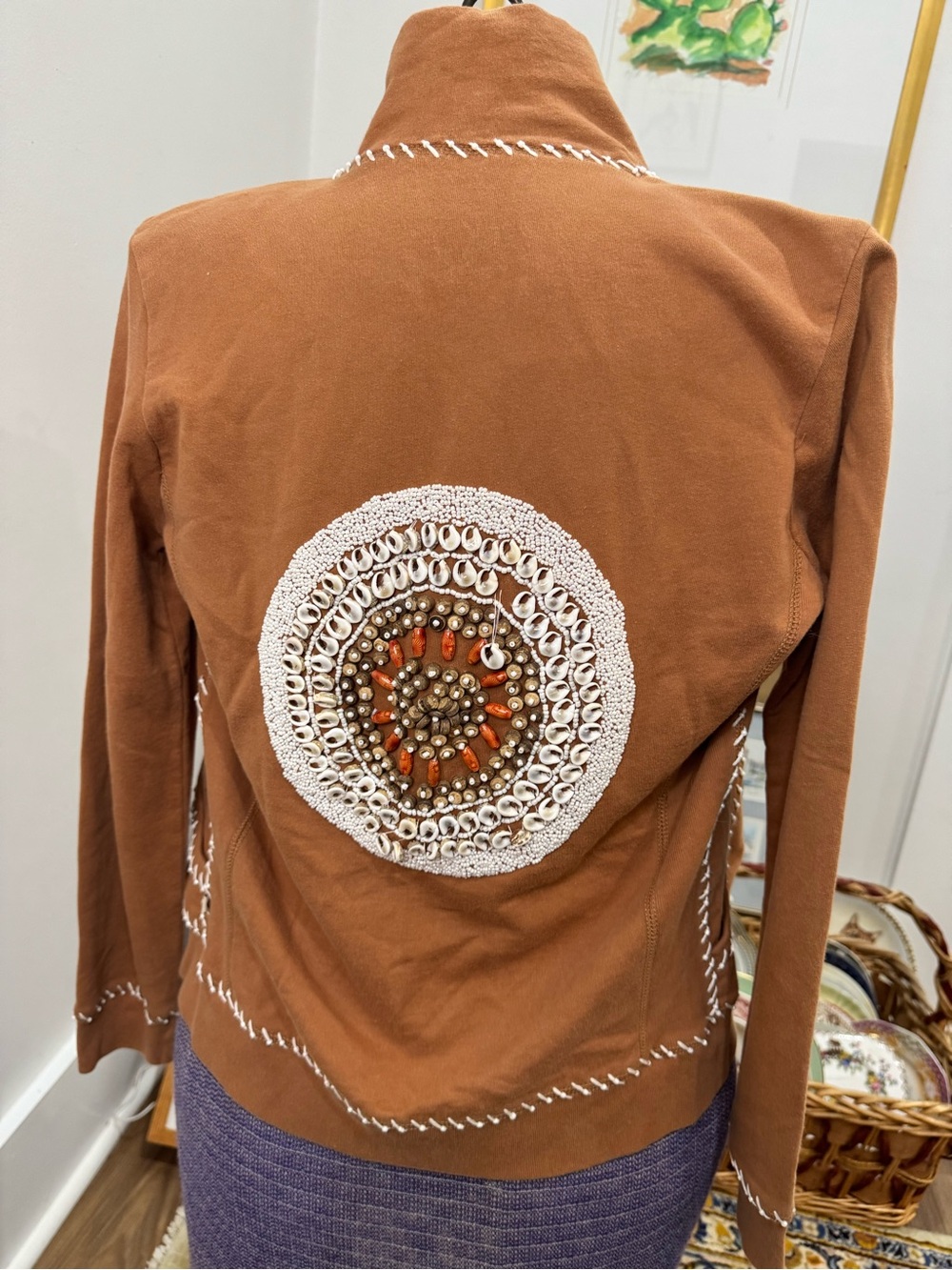 TWISTED HEART Brown Embellished shell & bead zip up sweatshirt boho coastal